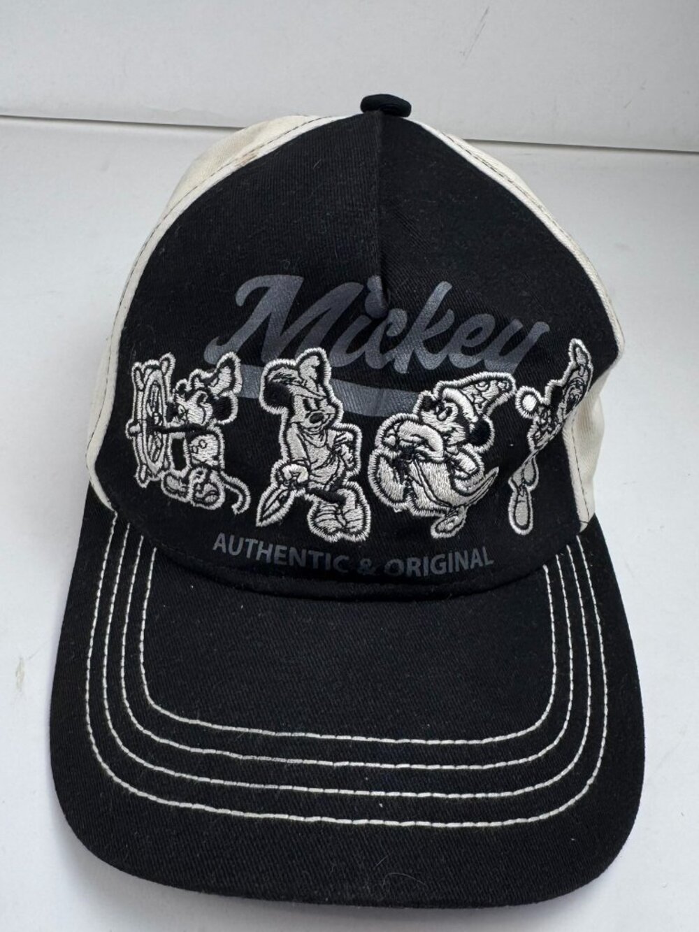 Disney Mickey Authentic Cap Hat Black White Adjustable Buckle Scuff Damage